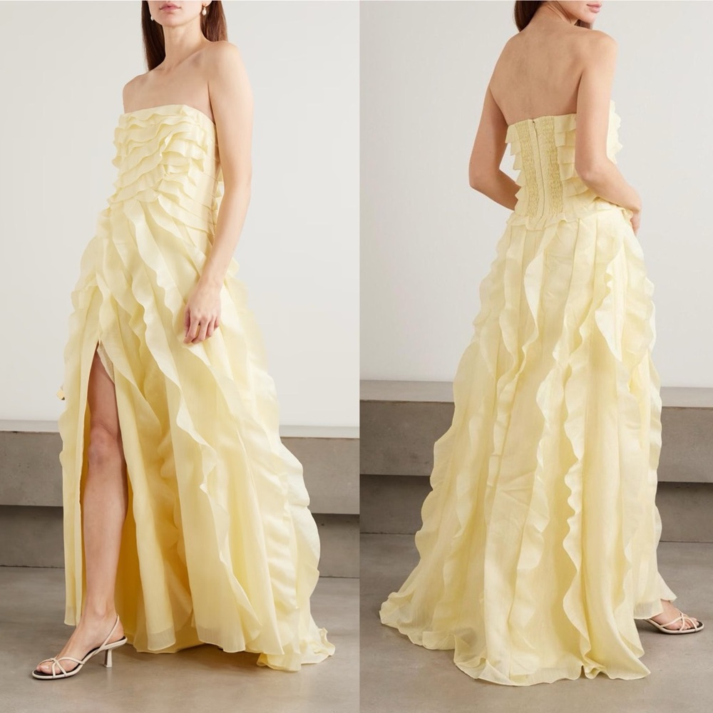 Aje Allaire Strapless Ruffled Shirred Faille Gown Butter Yellow NEW with tag - Picture 10 of 10